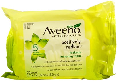 Aveeno, Active Naturals, Positively Radiant Makeup Removing Wipes, 25 Wipes ,الجمال، العناية بالوجه، مناديل الوجه