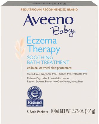 Aveeno, Baby, Eczema Therapy, Soothing Bath Treatment, Fragrance Free, 5 Bath Packets, 3.75 oz (106 g) ,صحة الأطفال، حمام الاطفال