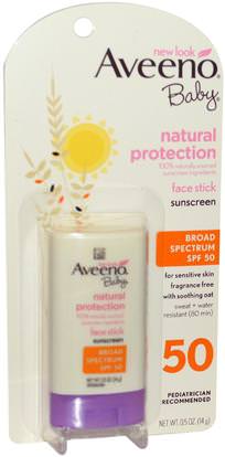 Aveeno, Baby, Natural Protection, Face Stick Sunscreen, Broad Spectrum SPF 50, 0.5 oz (14 g) ,حمام، الجمال، واقية من الشمس، سف 50-75، والأطفال والطفل واقية من الشمس