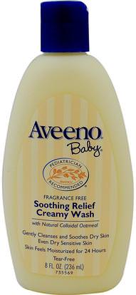 Aveeno, Baby, Soothing Relief Creamy Wash, Fragrance Free, 8 fl oz (236 ml) ,حمام، الجمال، هلام الاستحمام، الاطفال غسل الجسم، هلام الاستحمام الاطفال