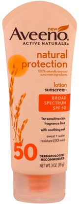 Aveeno, Natural Protection, Sunscreen Lotion SPF 50, for Sensitive Skin, Fragrance Free, 3 oz (85 g) ,الجمال، حمام، واقية من الشمس
