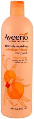 Aveeno, Positively Nourishing Antioxidant Infused Body Wash, White Peach + Ginger, 16 fl oz (473 ml) ,الجسم، الترطيب اليومي