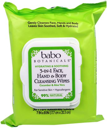 Babo Botanicals, 3-In-1 Hydrating & Soothing Face, Hand & Body Cleansing Wipes, Cucumber & Aloe Vera, 30 Pre-Moistened Cloths ,الجمال، العناية بالوجه، مناديل الوجه، حمام