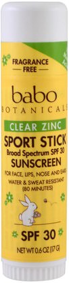 Babo Botanicals, Clear Zinc, Sport Stick Sunscreen, SPF 30, Fragrance Free, 0.6 oz (17 g) ,حمام، الجمال، العناية الشفاه، شفة الشمس