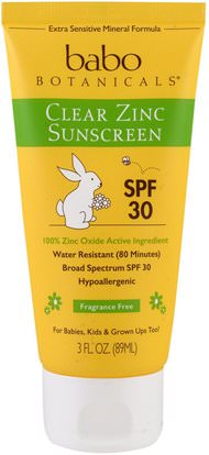 Babo Botanicals, Clear Zinc Sunscreen, SPF 30, Fragrance Free, 3 fl oz (89 ml) ,حمام، الجمال، واقية من الشمس، والأطفال والطفل واقية من الشمس