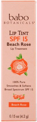 Babo Botanicals, Lip Tint Balm, SPF 15, Beach Rose, 0.15 oz (4.2 g) ,حمام، الجمال، العناية الشفاه، الشفاه الشمس، أحمر الشفاه، لمعان، بطانة
