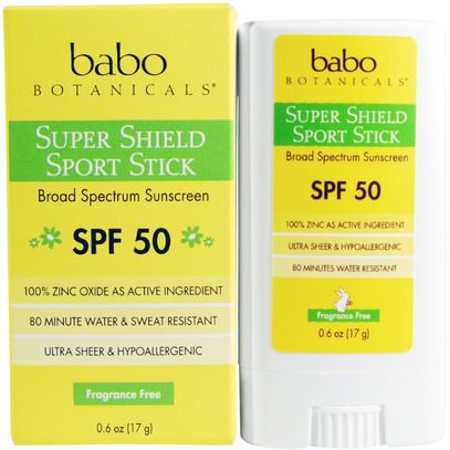 Babo Botanicals, Super Shield Sport Stick, Fragrance Free, SPF 50, 0.6 oz (17 g) ,حمام، الجمال، واقية من الشمس، سف 50-75