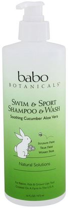 Babo Botanicals, Swim & Sport Shampoo & Wash, Cucumber Aloe Vera, 16 fl oz (473 ml) ,حمام، جمال، شامبو، أطفال شامبو، هلام الاستحمام، الاطفال غسل الجسم، استحمام الطفل هلام
