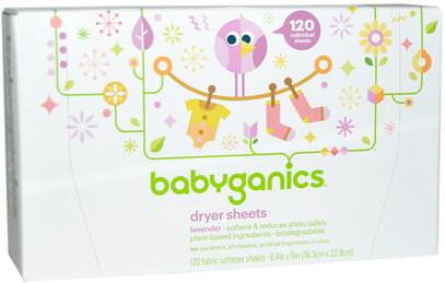 BabyGanics, Dryer Sheets, Lavender, 120 Fabric Softener Sheets ,المنزل، الغسيل، المنقي النسيج