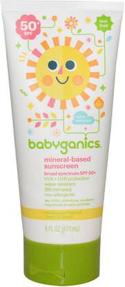 BabyGanics, Mineral-Based Sunscreen, 50+ SPF, 6 fl oz (177 ml) ,حمام، الجمال، واقية من الشمس، سف 50-75، والأطفال والطفل واقية من الشمس