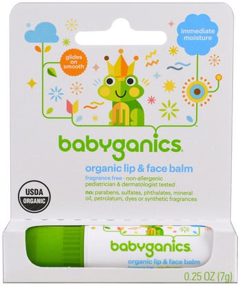 BabyGanics, Organic Lip & Face Balm, 0.25 oz (7 g) ,حمام، الجمال، العناية الشفاه، بلسم الشفاه