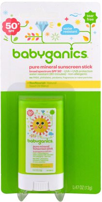 BabyGanics, Pure Mineral Sunscreen Stick, SPF 50+, 0.47 oz (13 g) ,حمام، الجمال، واقية من الشمس، والأطفال والطفل واقية من الشمس