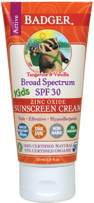 Badger Company, Active Kids, Zinc Oxide Sunscreen Cream, SPF 30, Tangerine & Vanilla, 2.9 fl oz (87 ml) ,الصحة، العناية بالبشرة، حمام، الجمال، واقية من الشمس، سف 30-45