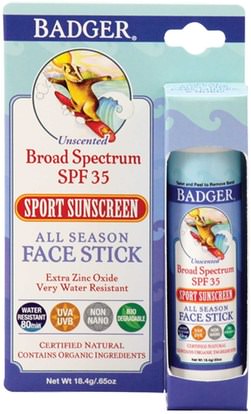 Badger Company, All Season Face Stick, Sport Sunscreen, SPF 35, Unscented.65 oz (18.4 g) ,الصحة، العناية بالبشرة، حمام، الجمال، واقية من الشمس، سف 30-45