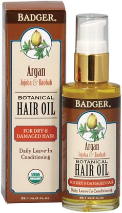 Badger Company, Argan Botanical Hair Oil, Jojoba & Baobab, 2 fl oz (59.1 ml) ,حمام، الجمال، أرجان، العناية بالبشرة