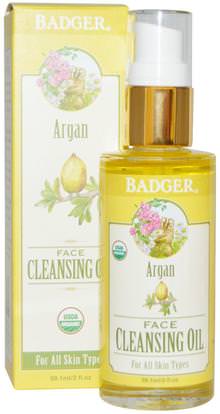 Badger Company, Argan Face Cleansing Oil, For All Skin Types, 2 fl oz (59.1 ml) ,حمام، الجمال، أرجان، العناية بالبشرة