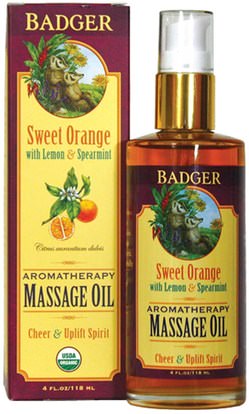 Badger Company, Aromatherapy Massage Oil, Sweet Orange with Lemon & Spearmint, 4 fl oz (118 ml) ,الصحة، العناية بالبشرة، زيت التدليك