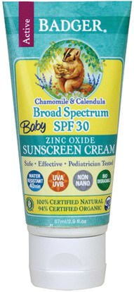 Badger Company, Baby Sunscreen Cream, Broad Spectrum SPF 30, Chamomile & Calendula, 2.9 fl oz (87 ml) ,الصحة، العناية بالبشرة، حمام، الجمال، واقية من الشمس، سف 30-45
