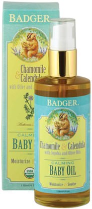 Badger Company, Calming Baby Oil, Chamomile & Calendula, 4 fl oz (118 ml) ,صحة الأطفال، حفاضات، زيوت مسحوق الطفل