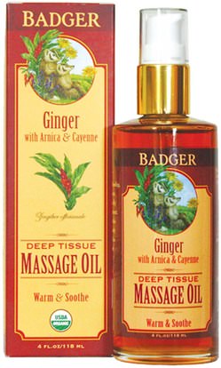 Badger Company, Deep Tissue Massage Oil, Ginger with Arnica & Cayenne, 4 fl oz (118 ml) ,الصحة، العناية بالبشرة، زيت التدليك