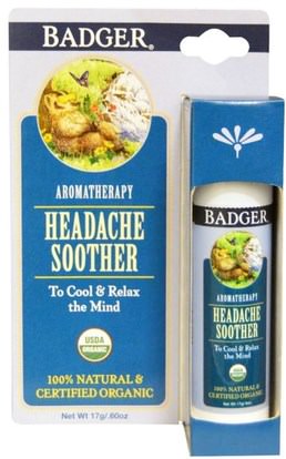 Badger Company, Headache Soother, Peppermint & Lavender.60 oz (17 g) ,حمام، الجمال، الروائح الزيوت العطرية، الصحة، الصداع