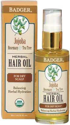 Badger Company, Jojoba Herbal Hair Oil, Rosemary & Tea Tree, 2 fl oz (59.1 ml) ,حمام، الجمال، الشعر، فروة الرأس، الشامبو، مكيف