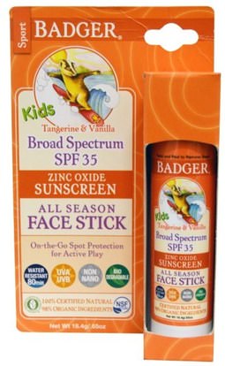 Badger Company, Kids Zinc Oxide Sunscreen All Season Face Stick, SPF 35, Tangerine & Vanilla.65 oz (18.4 g) ,الصحة، العناية بالبشرة، حمام، الجمال، واقية من الشمس، سف 30-45