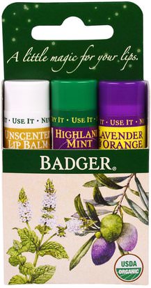 Badger Company, Lip Balm Gift Set, Green Box, 3 Pack.15 oz (4.2 g) Each ,حمام، الجمال، هدية مجموعات، العناية الشفاه
