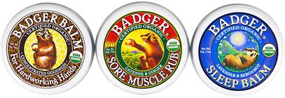 Badger Company, Organic, Badger Balm Sampler, 3 Pack Set - .75 oz (21 g) Each ,حمام، الجمال، هدية مجموعات