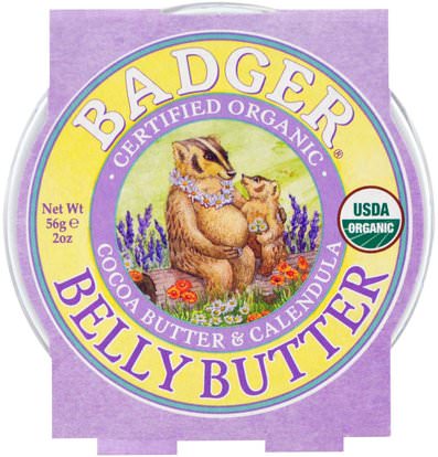 Badger Company, Organic Belly Butter, Cocoa Butter & Calendula, 2 oz (56 g) ,والصحة، والجلد، وتمتد علامات ندوب، حمام، الجمال، العناية بالجسم