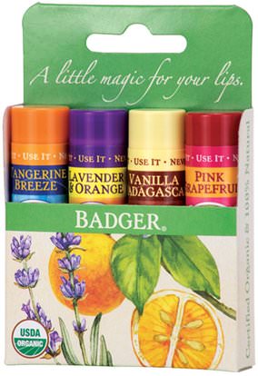 Badger Company, Organic Classic Lip Balm Sticks, Green Box, 4 Lip Balm Sticks.15 oz (4.2 g) Each ,حمام، الجمال، هدية مجموعات، العناية الشفاه، بلسم الشفاه