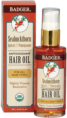Badger Company, Seabuckthorn Antioxidant Hair Oil, Apricot & Pomegranate, 2 fl oz (59.1 ml) ,حمام، الجمال، الشعر، فروة الرأس، الشامبو، مكيف