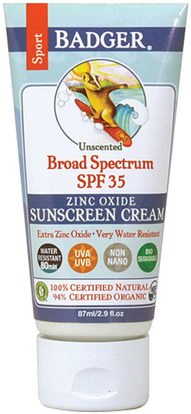 Badger Company, Sport Sunscreen Cream, Broad Spectrum SPF 35, Unscented, 2.9 fl oz (87 ml) ,الصحة، العناية بالبشرة، حمام، الجمال، واقية من الشمس، سف 30-45