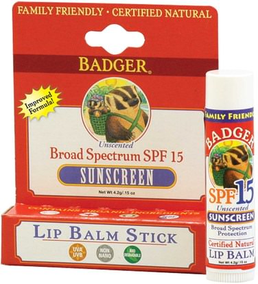 Badger Company, Sunscreen Lip Balm Stick, SPF 15, Unscented.15 oz (4.2 g) ,حمام، الجمال، العناية الشفاه، شفاه الشمس الشفاه، بلسم الشفاه