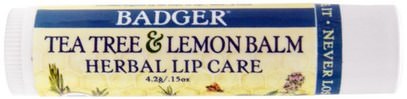 Badger Company, Tea Tree & Lemon Balm Herbal Lip Care.15 oz (4.2 g) ,حمام، الجمال، العناية الشفاه، بلسم الشفاه