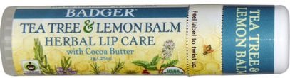 Badger Company, Tea Tree & Lemon Balm Herbal Lip Care with Cocoa Butter.25 oz (7 g) ,حمام، الجمال، العناية الشفاه، بلسم الشفاه