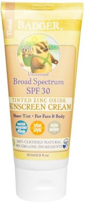 Badger Company, Tinted Zinc Oxide Sunscreen Cream, Broad Spectrum SPF 30, Unscented, 2.9 fl oz (87 ml) ,الصحة، العناية بالبشرة، حمام، الجمال، واقية من الشمس، سف 30-45