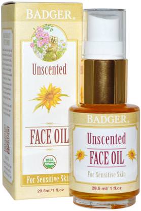 Badger Company, Unscented Face Oil, For Sensitive Skin, 1 fl oz (29.5 ml) ,الجمال، العناية بالوجه، نوع الجلد الوردية، البشرة الحساسة