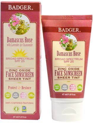 Badger Company, Zinc Oxide Face Sunscreen Sheer Tint, SPF 25, Damascus Rose, 1.6 fl oz (47 ml) ,الصحة، العناية بالبشرة، حمام، الجمال، واقية من الشمس، سف 05-25