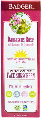 Badger Company, Zinc Oxide Face Sunscreen, SPF 25, Damascus Rose, 1.6 fl oz (47 ml) ,الصحة، العناية بالبشرة، حمام، الجمال، واقية من الشمس، سف 05-25