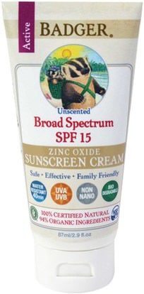 Badger Company, Zinc Oxide Sunscreen Cream, Broad Spectrum SPF 15, Unscented, 2.9 fl oz (87 ml) ,الصحة، العناية بالبشرة، حمام، الجمال، واقية من الشمس، سف 05-25