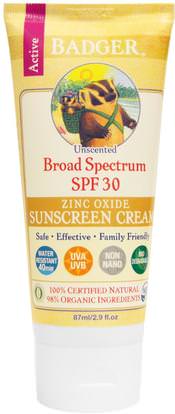 Badger Company, Zinc Oxide Sunscreen Cream, SPF 30, Unscented, 2.9 fl oz (87 ml) ,الصحة، العناية بالبشرة، حمام، الجمال، واقية من الشمس، سف 30-45