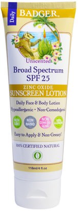 Badger Company, Zinc Oxide Sunscreen Lotion, Broad Spectrum SPF 25, Unscented, 4 fl oz (118 ml) ,الصحة، العناية بالبشرة، حمام، الجمال، واقية من الشمس، سف 05-25