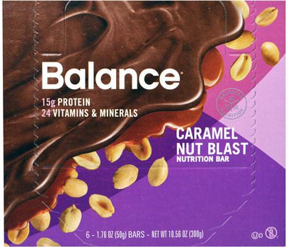 Balance Bar, Nutrition Bar, Caramel Nut Blast, 6 Bars, 1.76 oz (50 g) Each ,والمكملات الغذائية، والحانات الغذائية، والوجبات الخفيفة، والوجبات الخفيفة الصحية