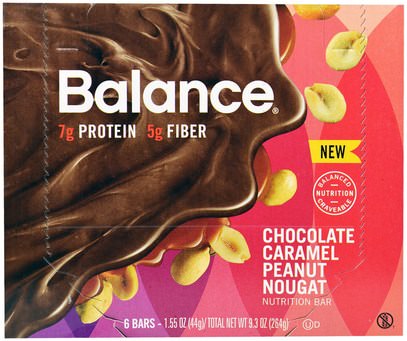 Balance Bar, Nutrition Bar, Chocolate Caramel Peanut Nougat, 6 Bars, 1.55 oz (44 g) Each ,والمكملات الغذائية، والحانات الغذائية، والوجبات الخفيفة، والوجبات الخفيفة الصحية