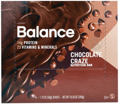 Balance Bar, Nutrition Bar, Chocolate Craze, 6 Bars, 1.76 oz (50 g) Each ,المكملات الغذائية، الحانات الغذائية، المنتجات الحساسة للحرارة