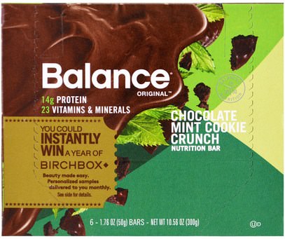Balance Bar, Nutrition Bar, Chocolate Mint Cookie Crunch, 6 Bars, 1.76 oz (50 g) Each ,والمكملات الغذائية، والحانات الغذائية، والوجبات الخفيفة، والوجبات الخفيفة الصحية