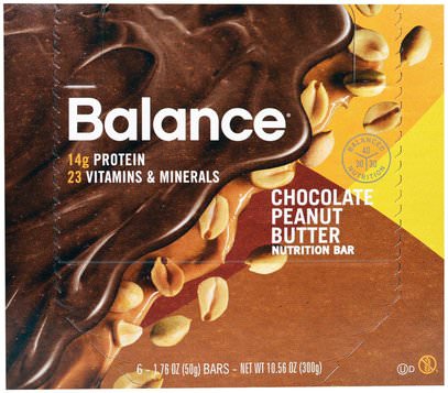 Balance Bar, Nutrition Bar, Chocolate Peanut Butter, 6 Bars, 1.76 oz (50 g) Each ,والمكملات الغذائية، والحانات الغذائية، والوجبات الخفيفة، والوجبات الخفيفة الصحية
