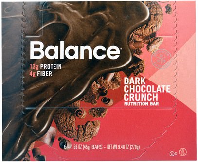 Balance Bar, Nutrition Bar, Dark Chocolate Crunch, 6 Bars, 1.58 oz (45 g) ,المكملات الغذائية، الحانات الغذائية، المنتجات الحساسة للحرارة
