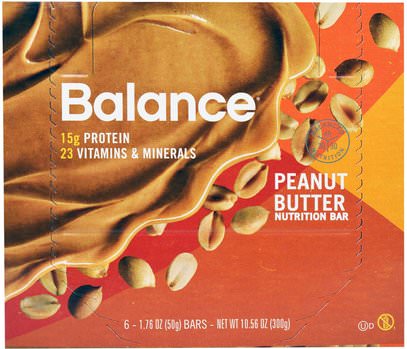 Balance Bar, Nutrition Bar, Peanut Butter, 6 Bars, 1.76 oz (50 g) Each ,والمكملات الغذائية، والحانات الغذائية، والوجبات الخفيفة، والوجبات الخفيفة الصحية